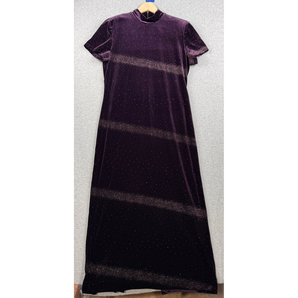 VTG Jessica Howard Dress Womens 16 Purple Velvet Glitter Mock Neck Y2K 90s Fairy